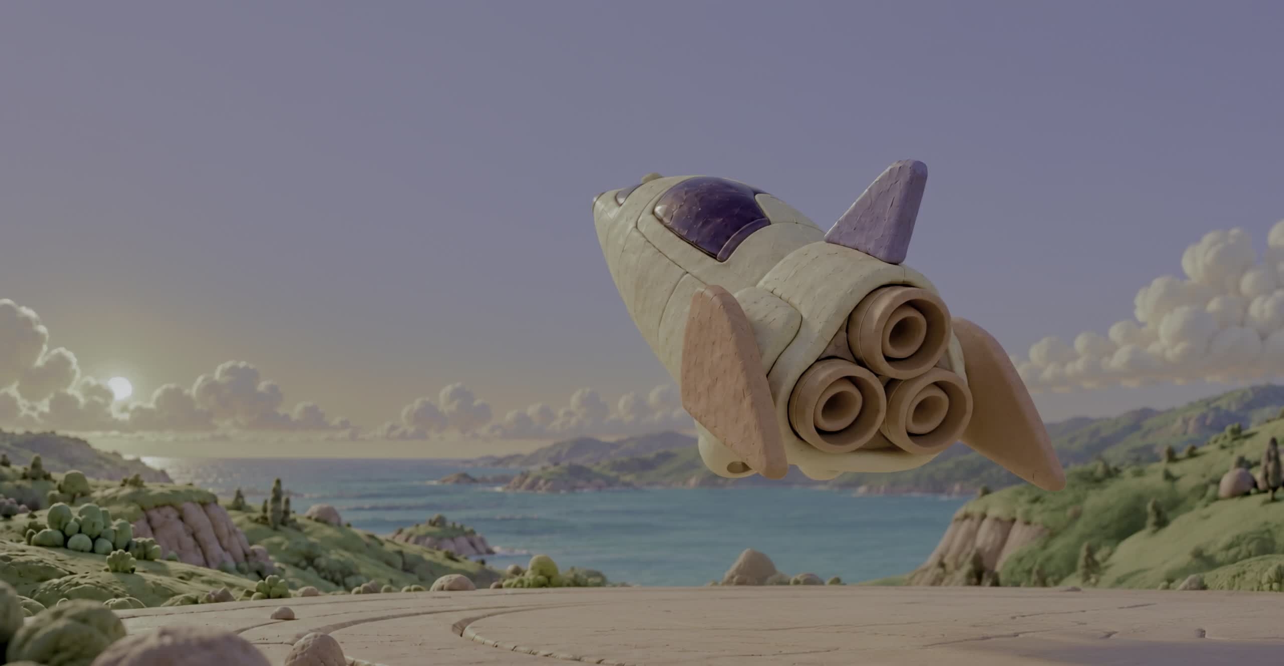 A dough spacecraft lifting from a coastal launchpad, from the supplied film